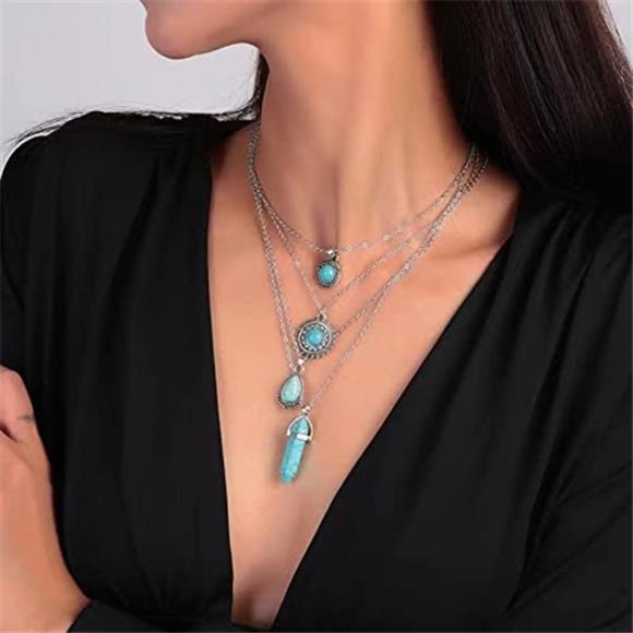4 PCS Silver Turquoise Layered Necklaces for Women Girls - Picture 2 of 6